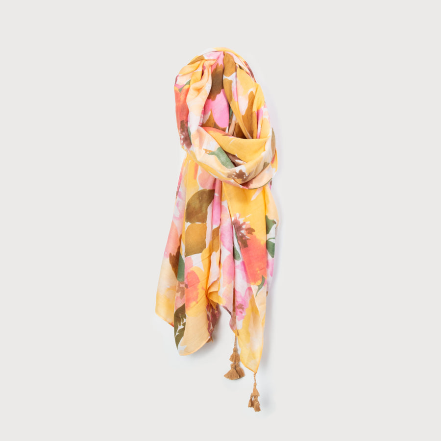 FLORAL BOUQUET PRINT SCARF WITH POMPOMS 6177-YEL
