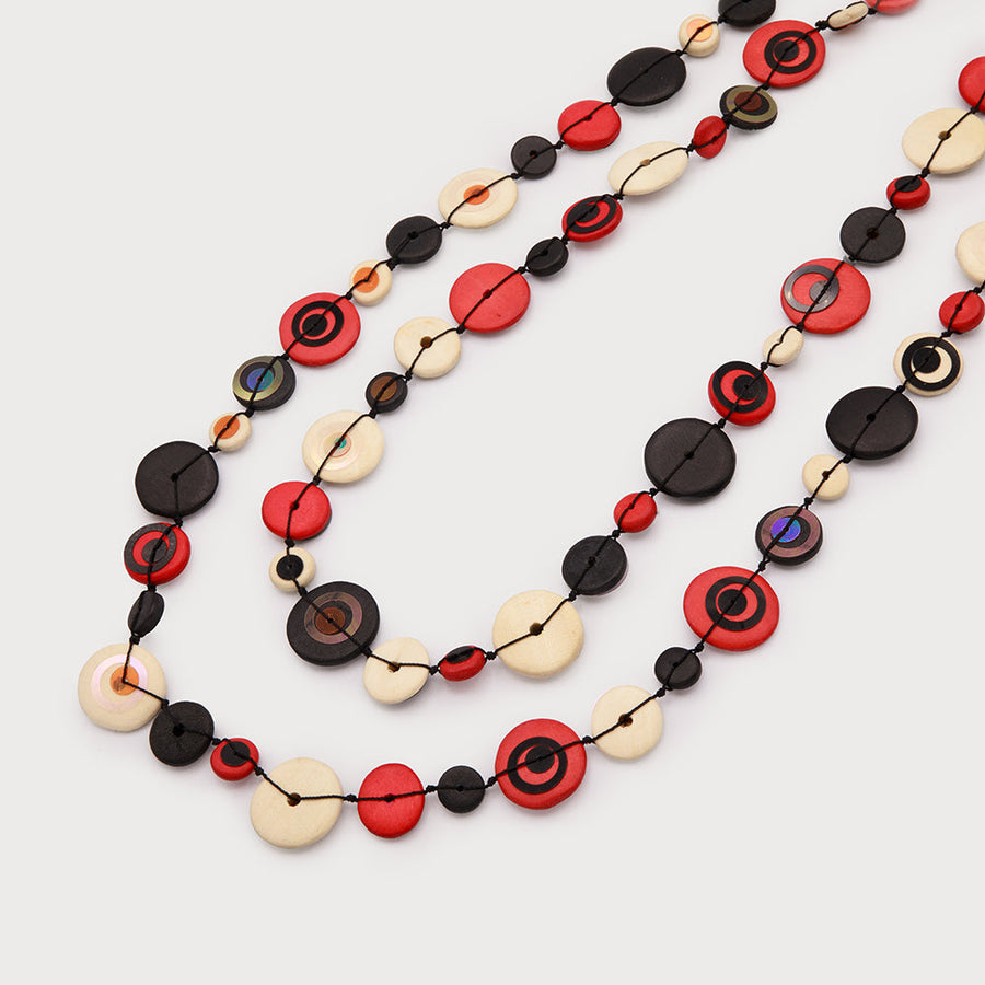 Endless necklace with mutli flat wood discs & sequins 1001-RED