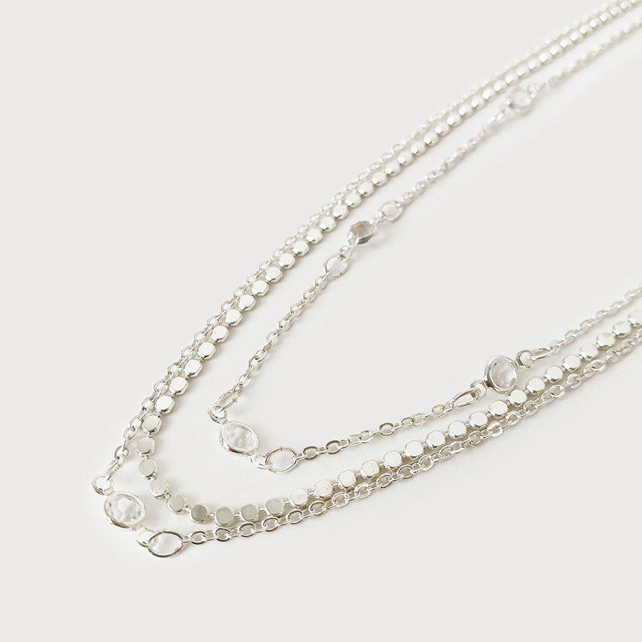 Collier 3 rangs de chaînes avec petits cristaux 1538-SLV
