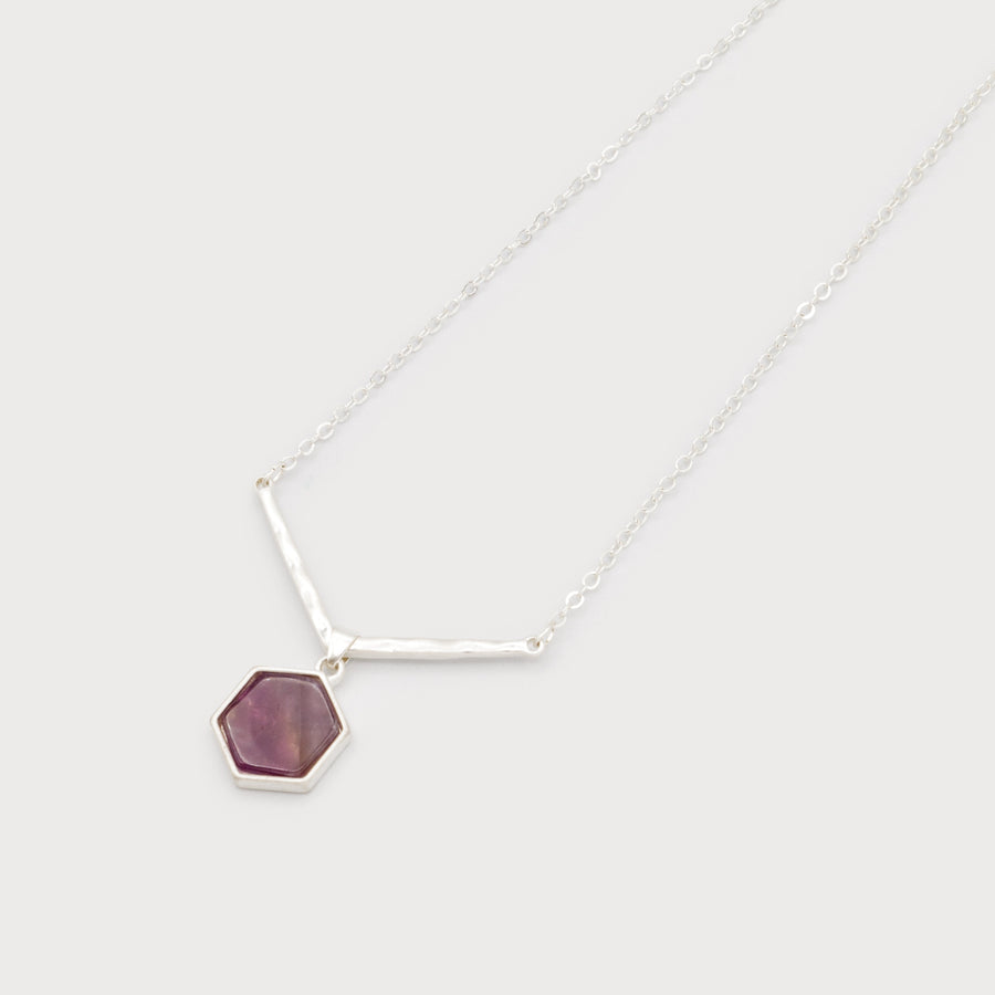 chain necklace with ''v'' hammered finish metal & natural stone pendant 1580-PUR-S