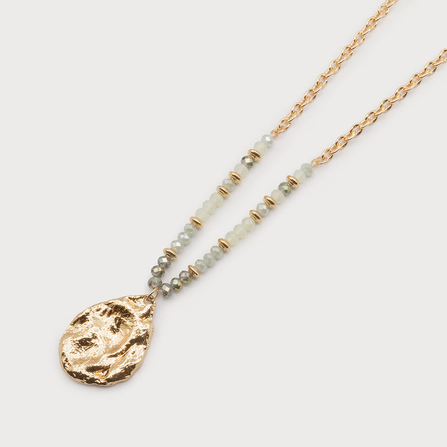 Long pendant with hammered metal piece on chain with glass beads 1709-MIN-G