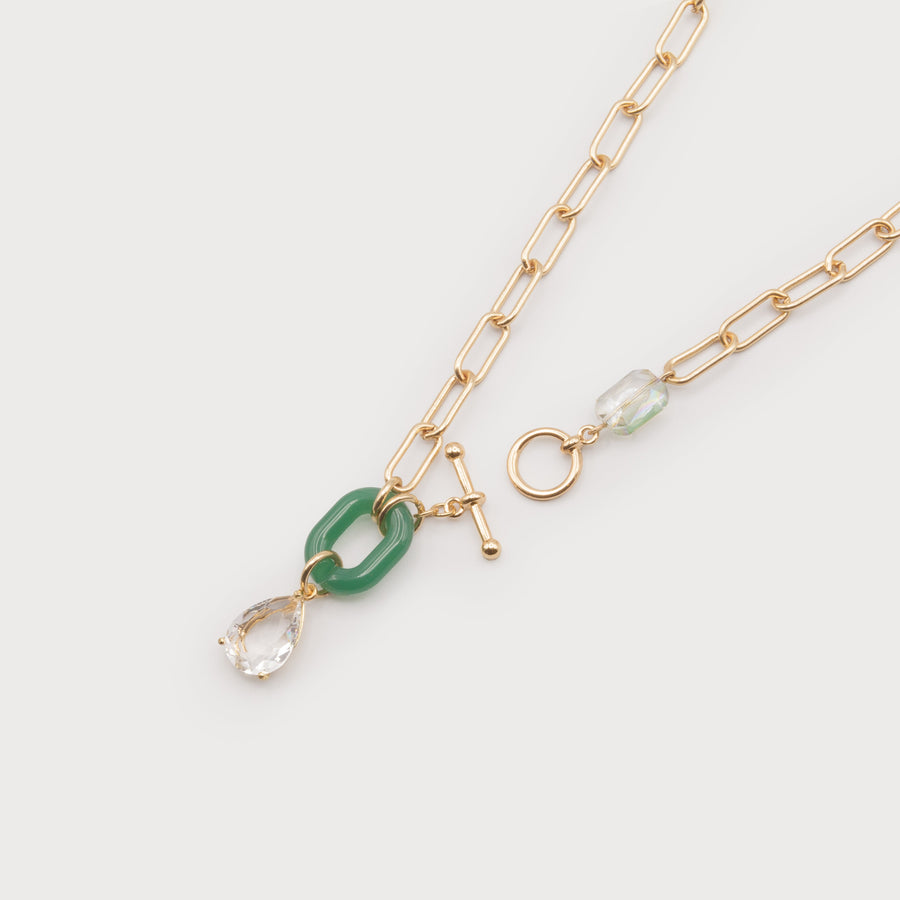 crystal pendant on link chain with resin piece and t-bar 1710-GRN