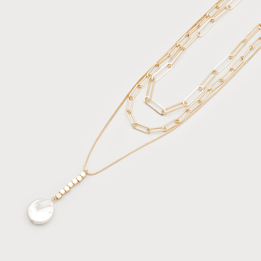 3 layers necklace with imitation pearl pendant 1730-GLD