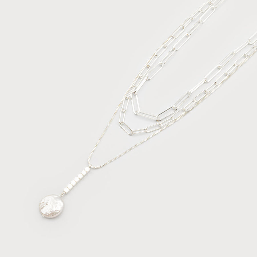 3 layers necklace with imitation pearl pendant 1730-SLV