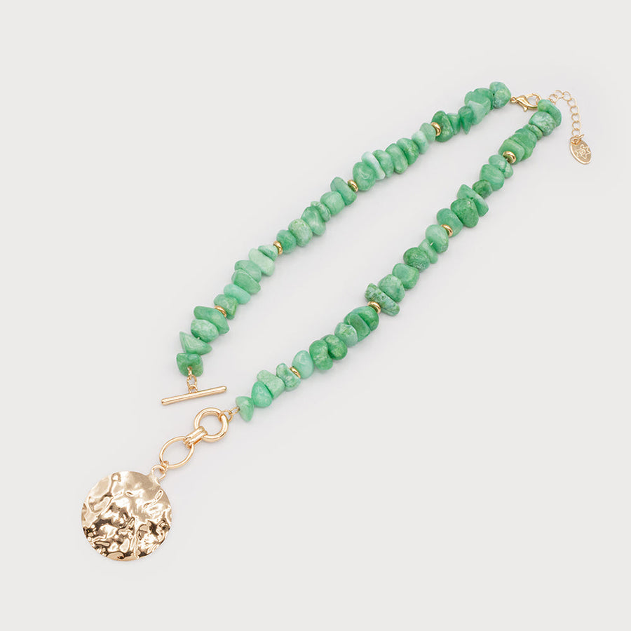 MASSIVE NECKLACE OF SEMI-PRECIOUS STONES AND HAMMERED DISC 1735-AQU-G