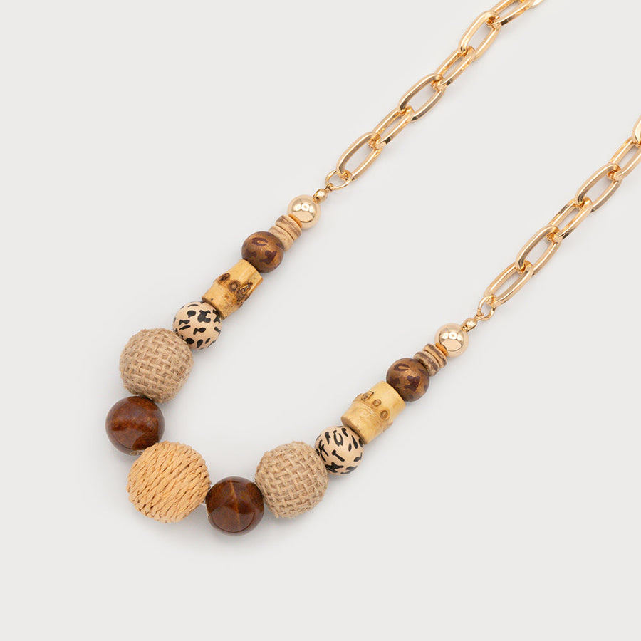 Perles en bois et raphia sur chaîne en métal 1773-GLD