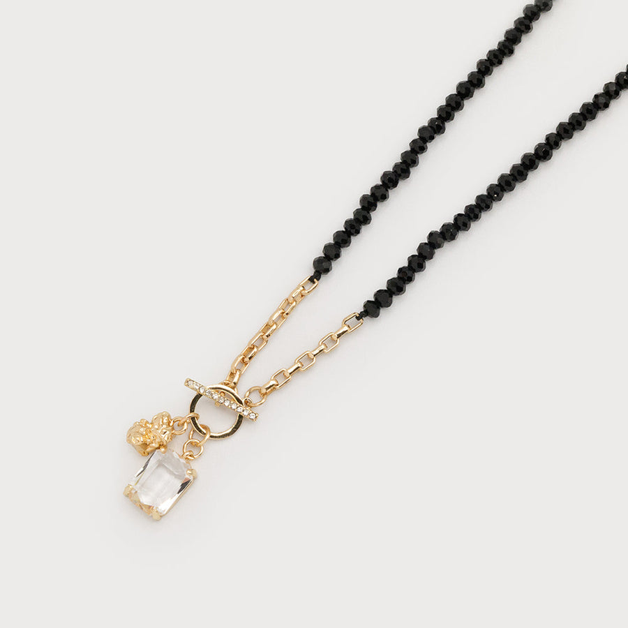 Collier de perles de verre avec pièce en cristal et fermoir croix 1778-BLK-G