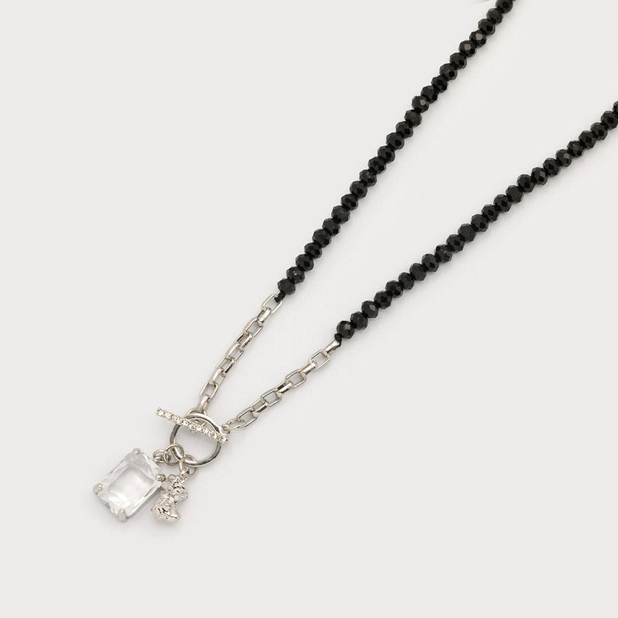 Collier de perles de verre avec pièce en cristal et fermoir croix 1778-BLK-S