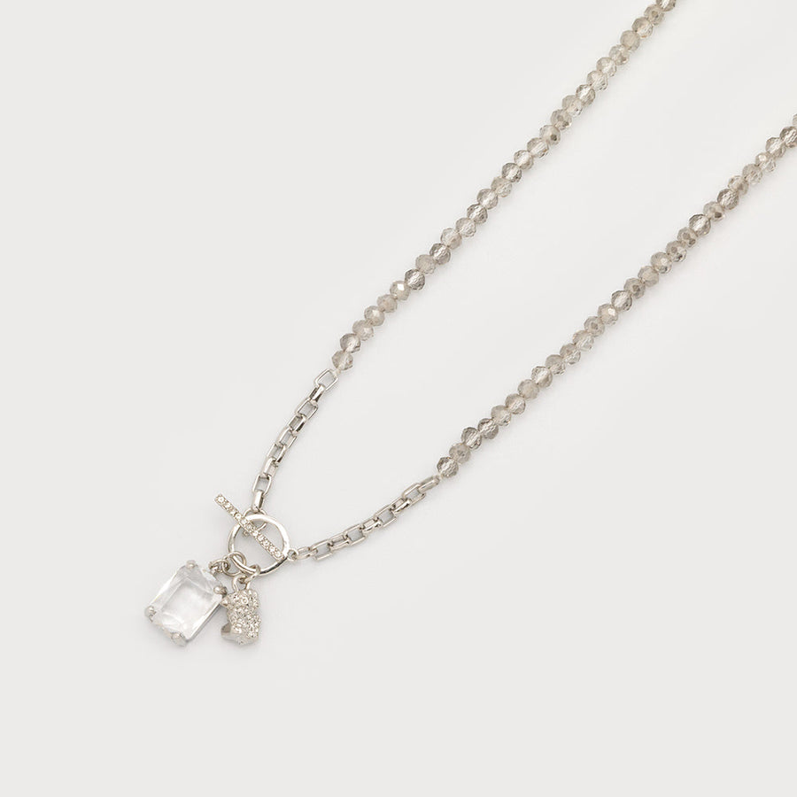 Collier de perles de verre avec pièce en cristal et fermoir croix 1778-GRY-S
