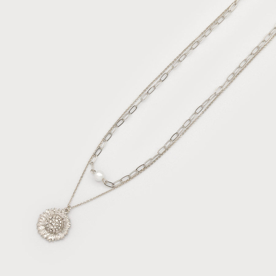 Two layers necklace with flower and pearl 1782-SLV