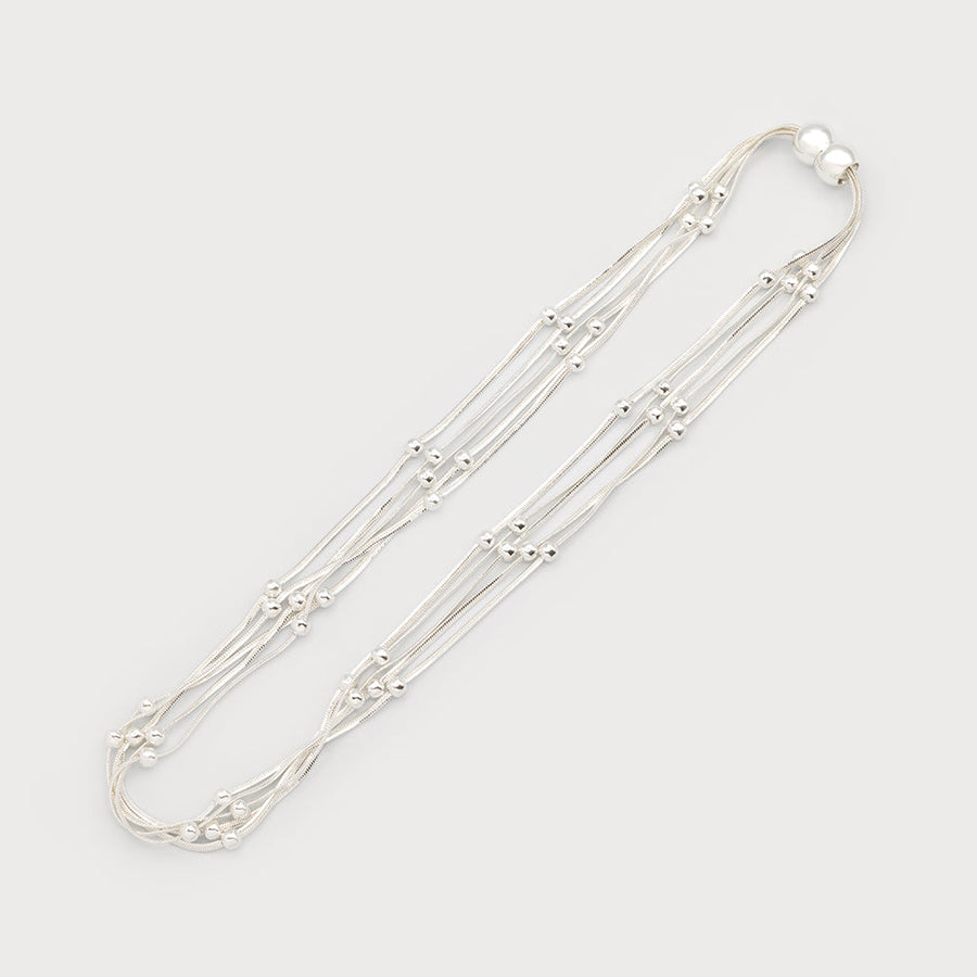 Collier multicouches avec petites boules métalliques et fermeture magnétique 1789-SLV