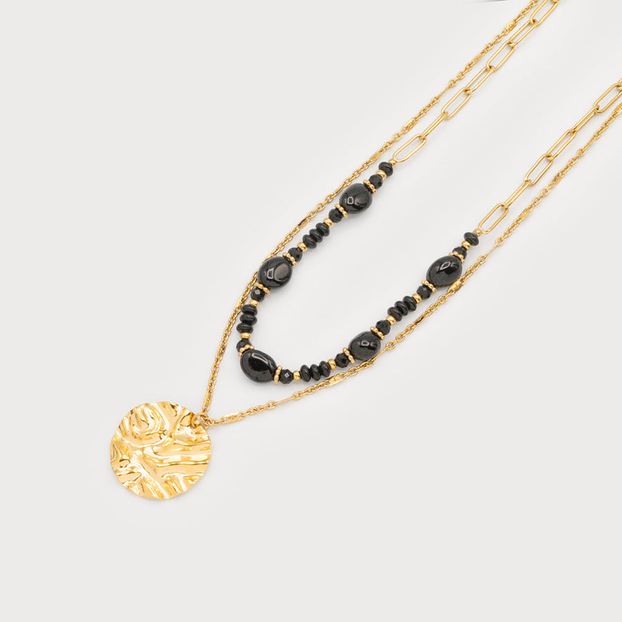 Chaîne à deux rangs avec perles et disque martelé en acier inoxydable 1792-GLD