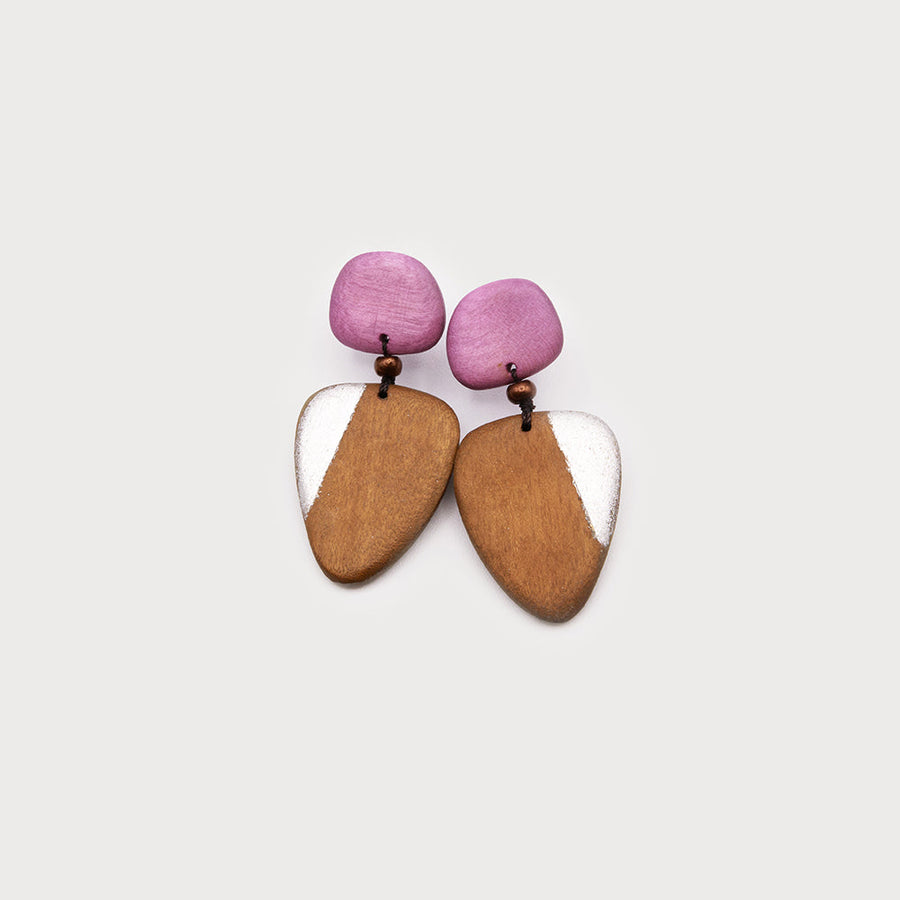 Asymetric wood earrings on posts 2756-PNK