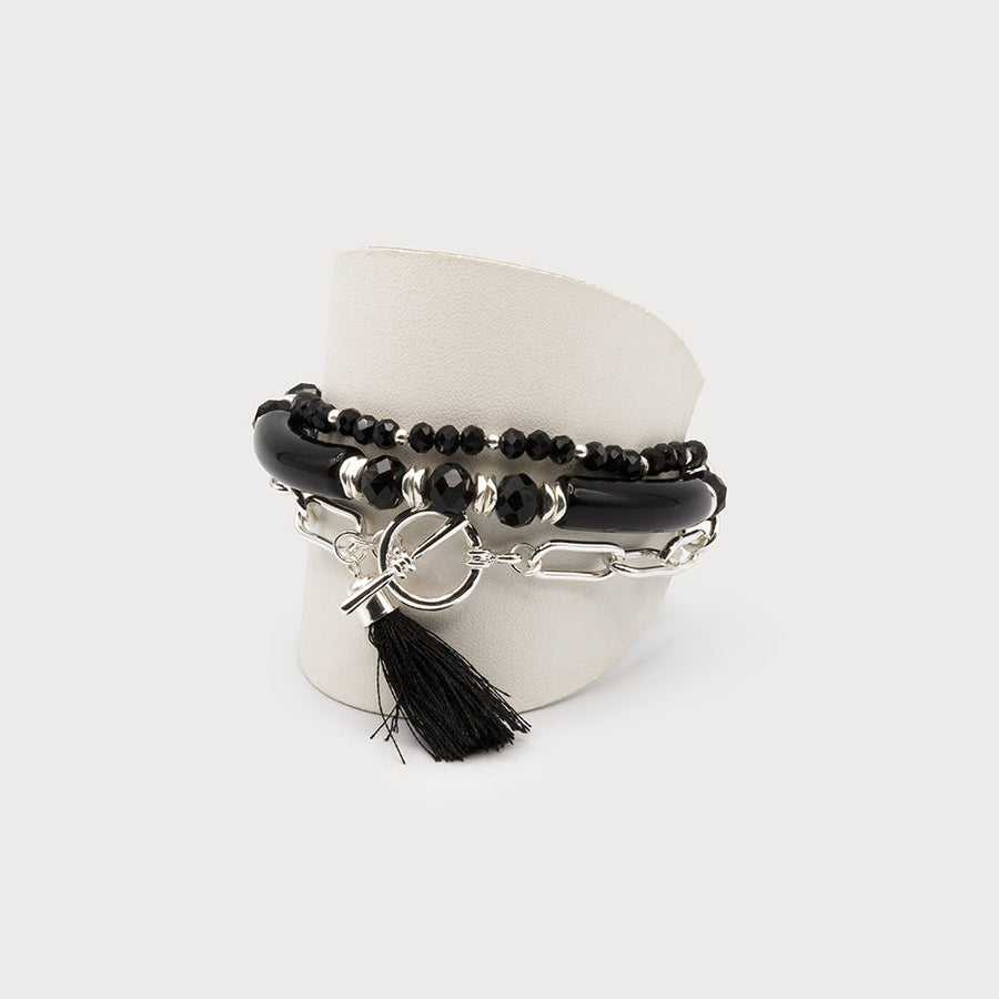 Three layers bracelet with resin, metal and tassel 3295-BLK-S