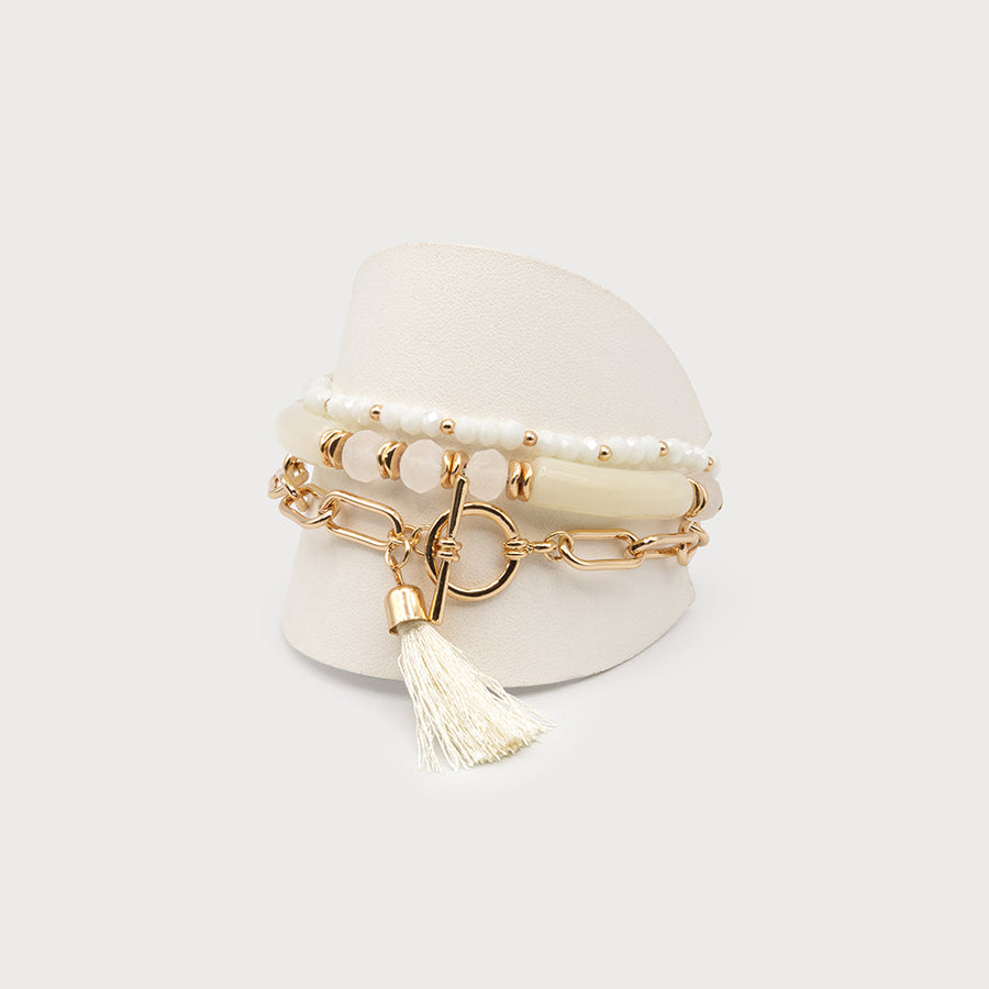 Three layers bracelet with resin, metal and tassel 3295-IVO-G