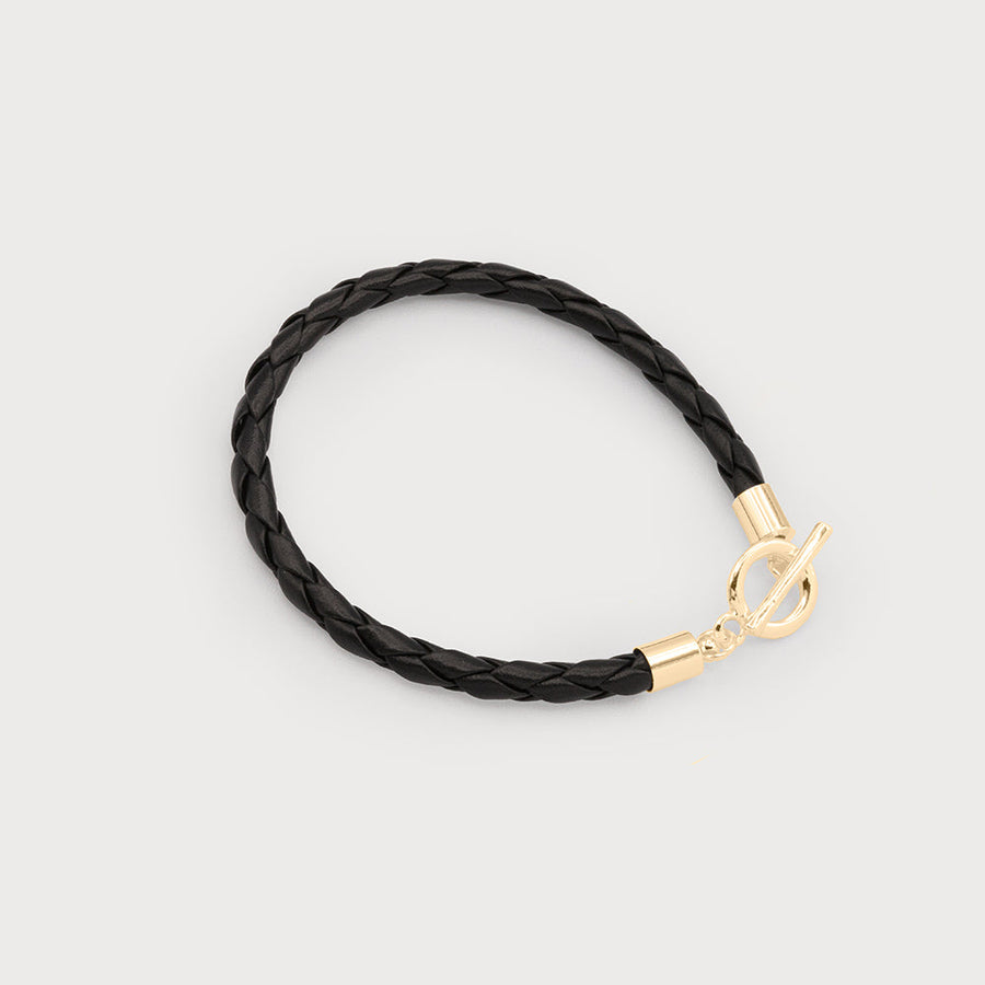 Delicate imitation leather braided bracelet with t-bar lock 3320-BLK-G