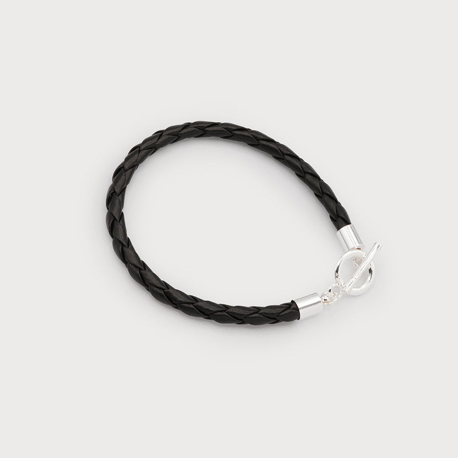 Delicate imitation leather braided bracelet with t-bar lock 3320-BLK-S