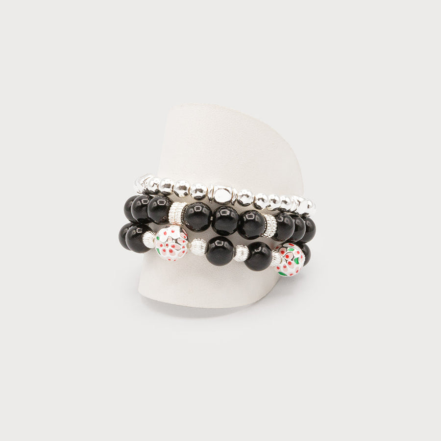 Set of 3 elastic bracelets with glass and metal beads 3331-SLV