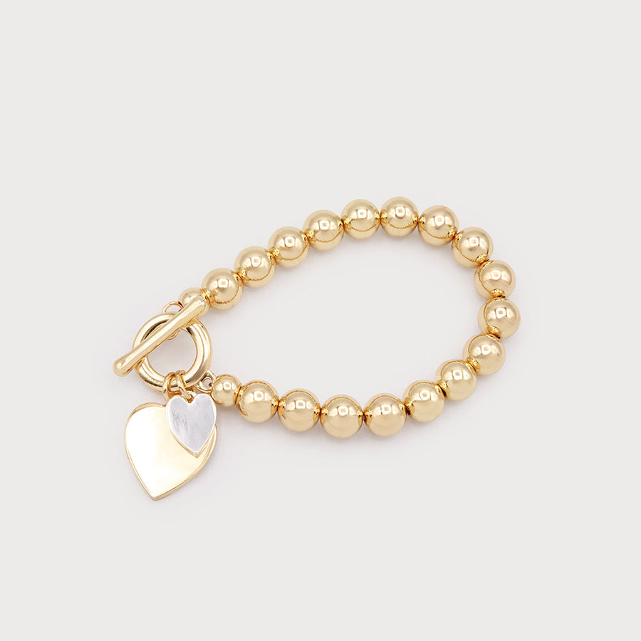 Beaded bracelet with heart charms and tbar closure 3348-GLD