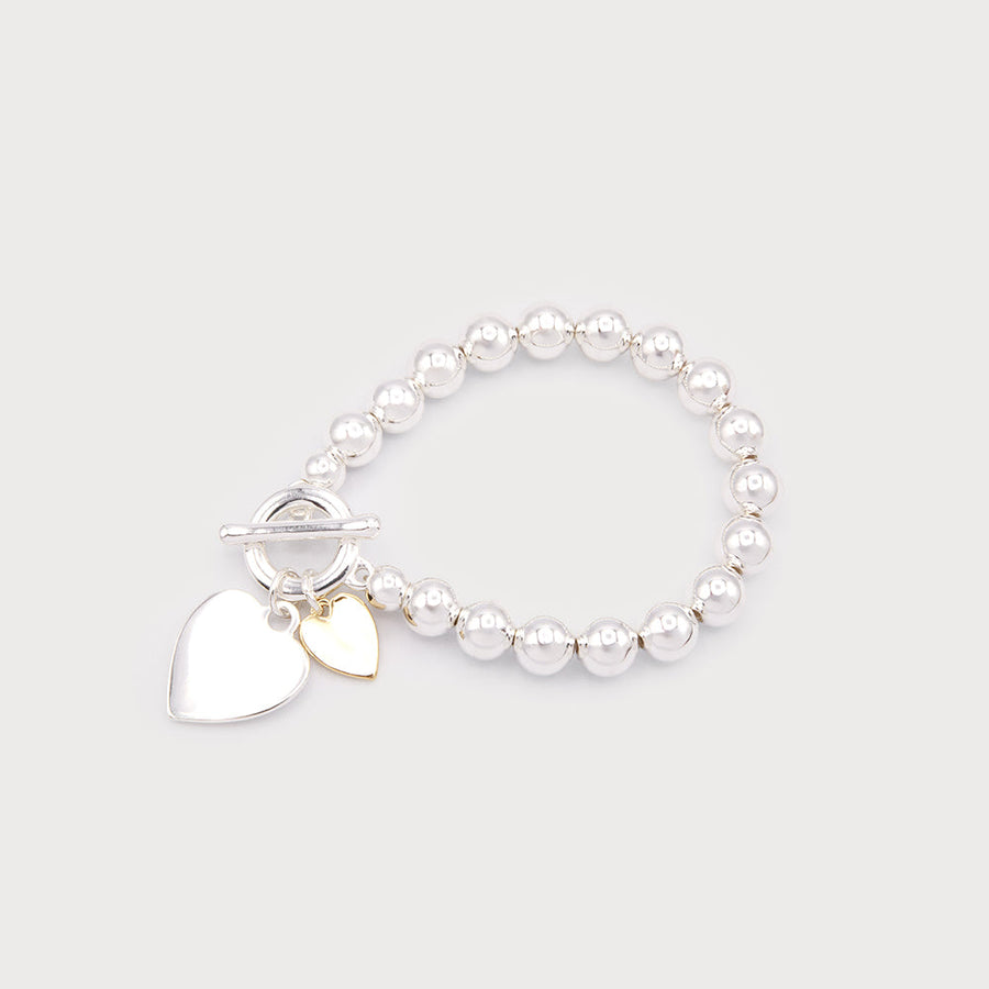 Beaded bracelet with heart charms and tbar closure 3348-SLV