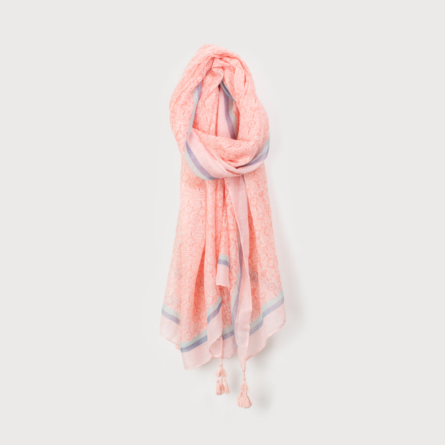 LIGHTWEIGHT PRINTED SCARF WITH POMPOMS 6156-PNK