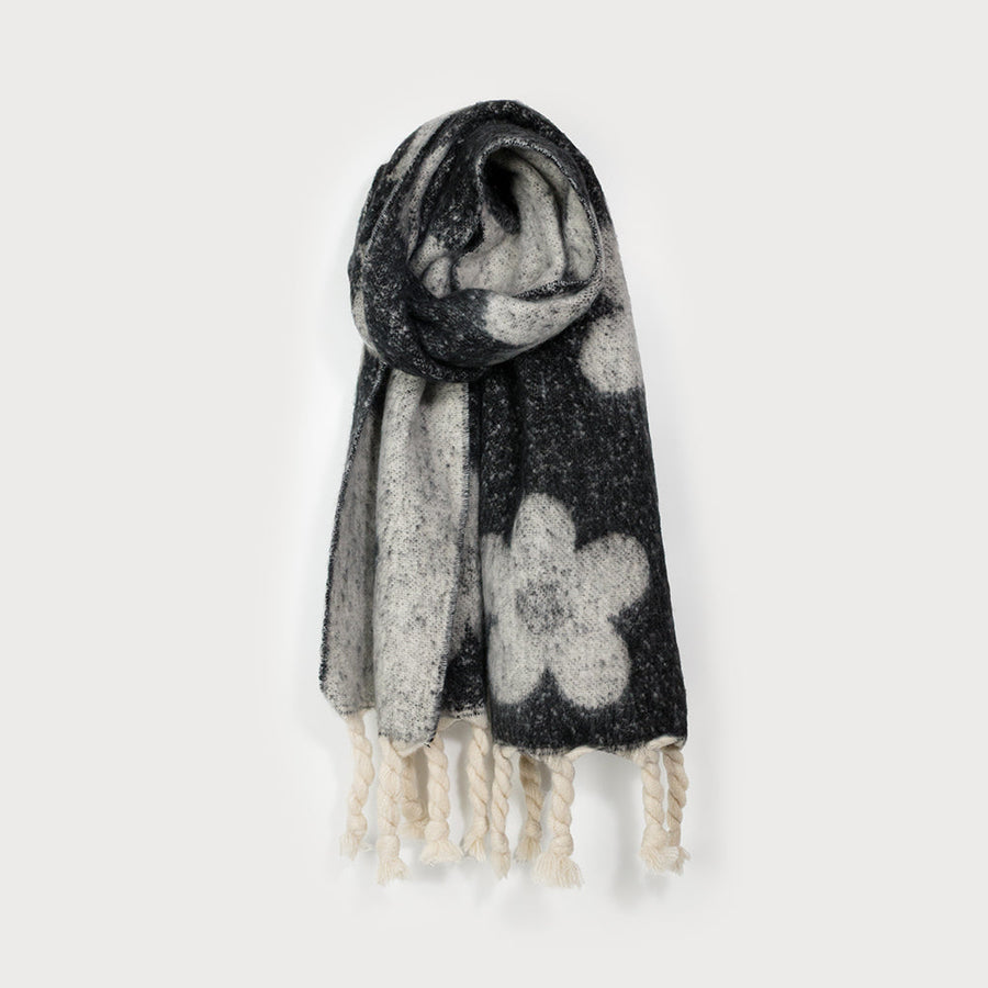 Grande écharpe chaude à imprimé floral avec pompons 6178-BLK