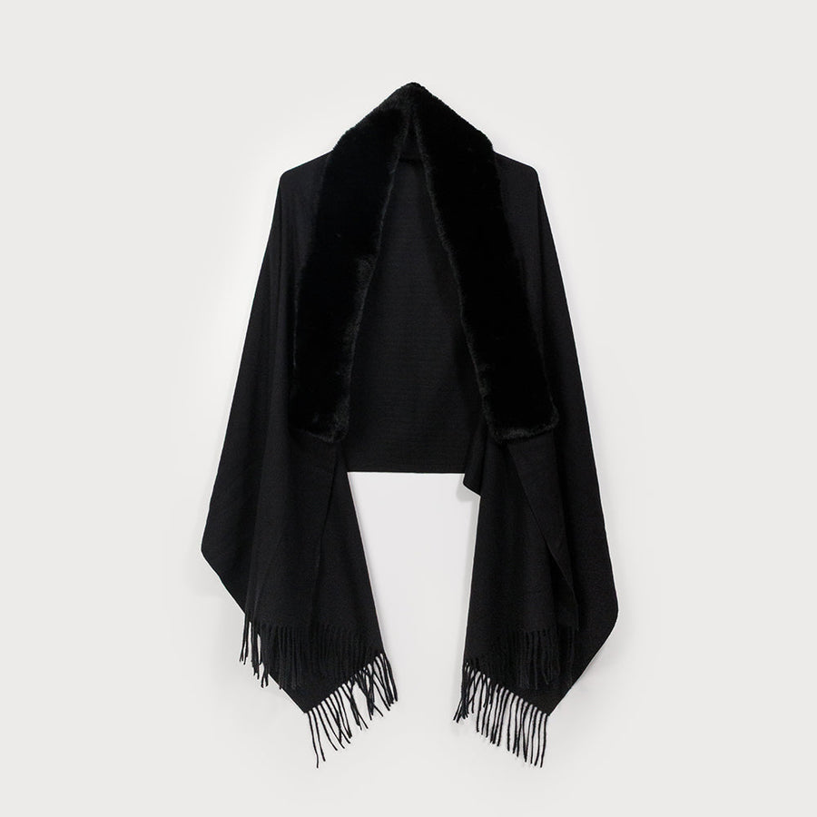 Shawl with faux fur collar and fringes 6190-BLK