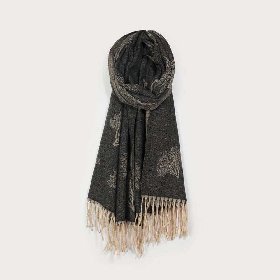 Grand foulard soyeux à franges et imprimé arbre 6213-BLK