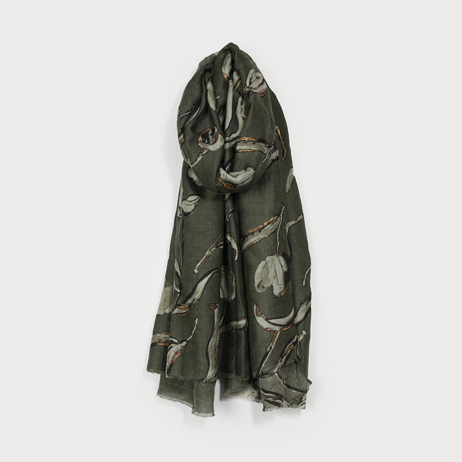 Lightweight flower print scarf with lurex 6218-GRN
