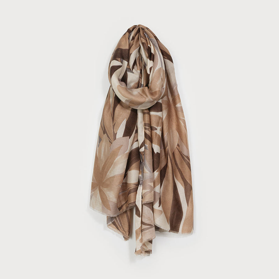 Lightweight abstract foliage print scarf 6219-TAN