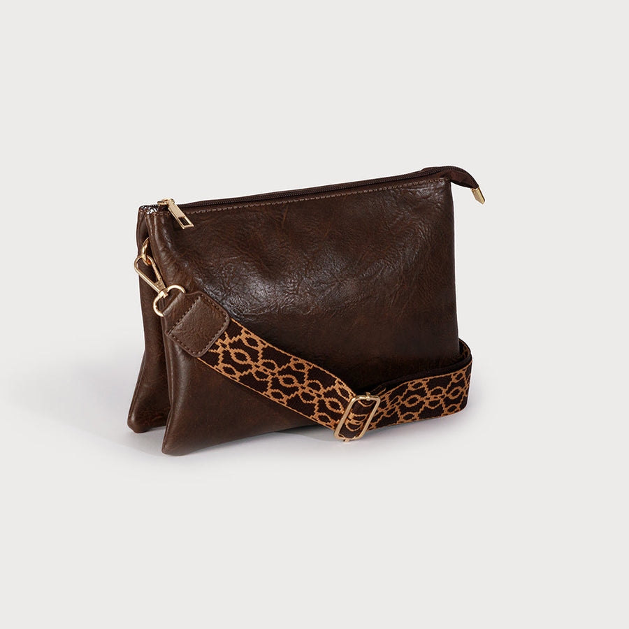 Grand sac bandoulière avec multi-poches et bandoulière guitare réglable amovible, bandoulière en simili cuir et dragonne 7032-E-CHOCO
