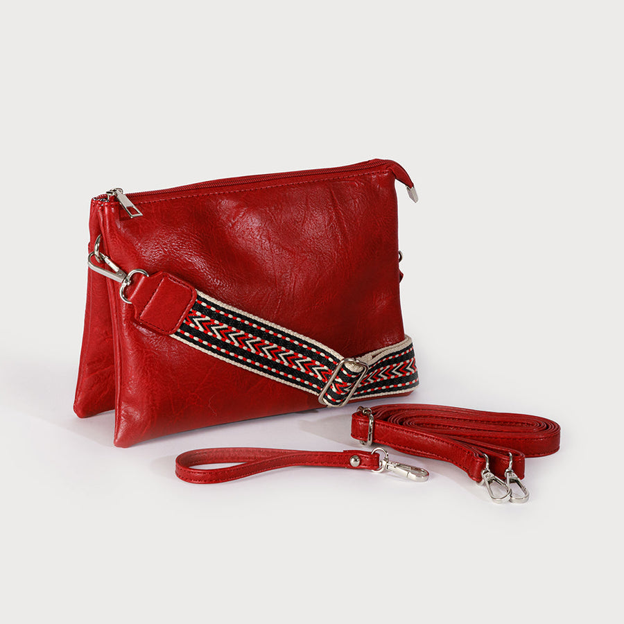 Large crossbody bag with multi pockets and removable adjustable guitar strap, imitation leather strap and wristlet 7032-E-RED