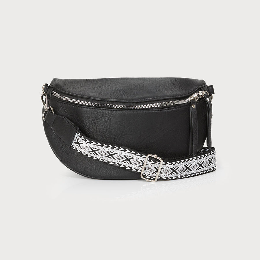 Sac banane semi-circulaire avec fermeture zippée et poche intérieure. Bandoulière de guitare imprimée réglable. Similicuir 7129-E-BLK