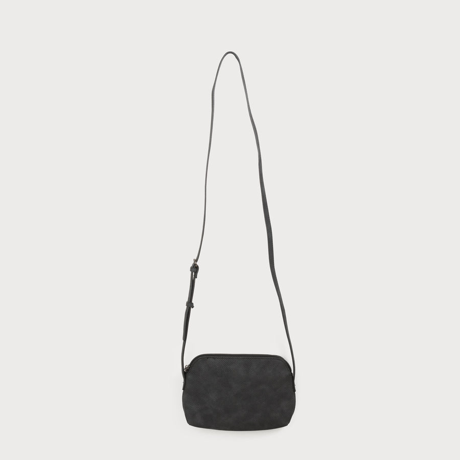 half moon crossbody bag with inside pocket zipper closer and adjustable strap. soft faux leather with classic pebbled texture 7132-BLK