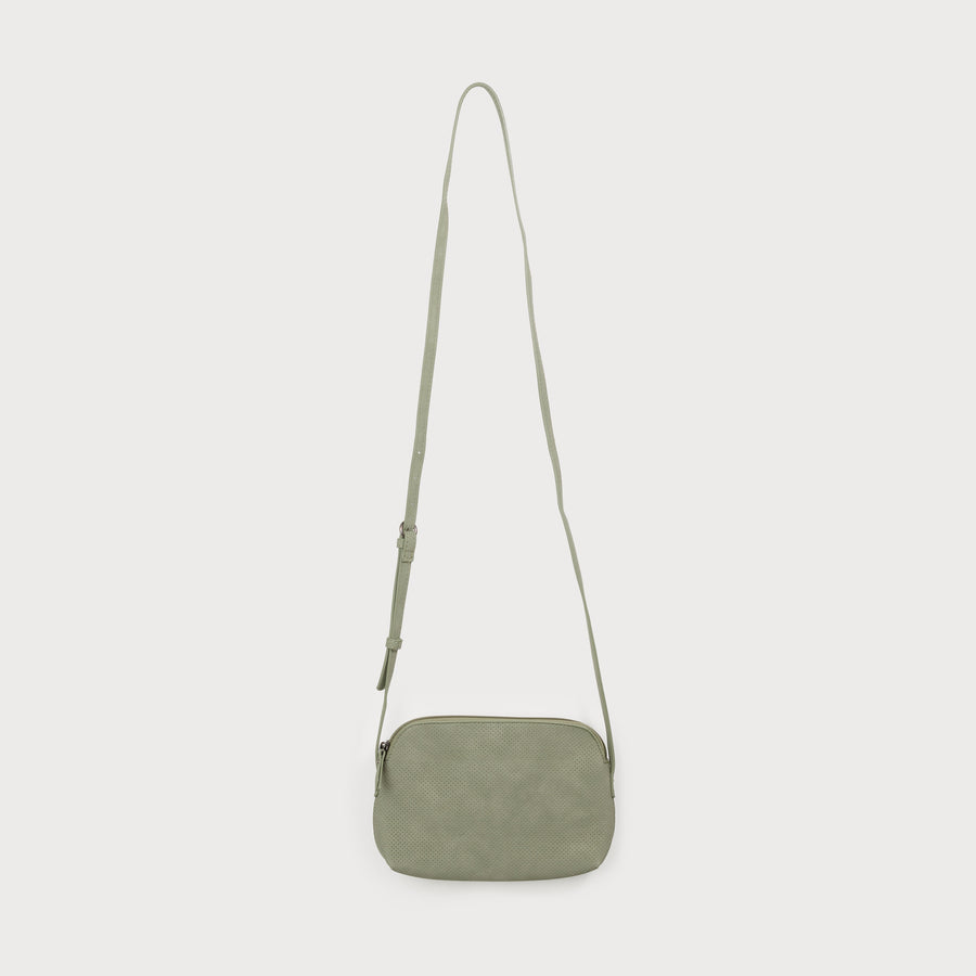 half moon crossbody bag with inside pocket zipper closer and adjustable strap. soft faux leather with classic pebbled texture 7132-SAG