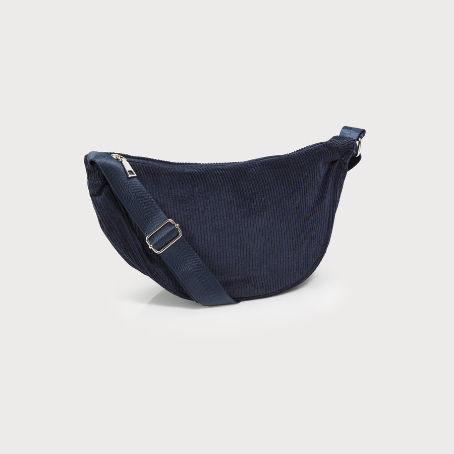 minimalist half moon bag with zipper closure and adjustable strap - zipper closure - corduroy 7137-NAV