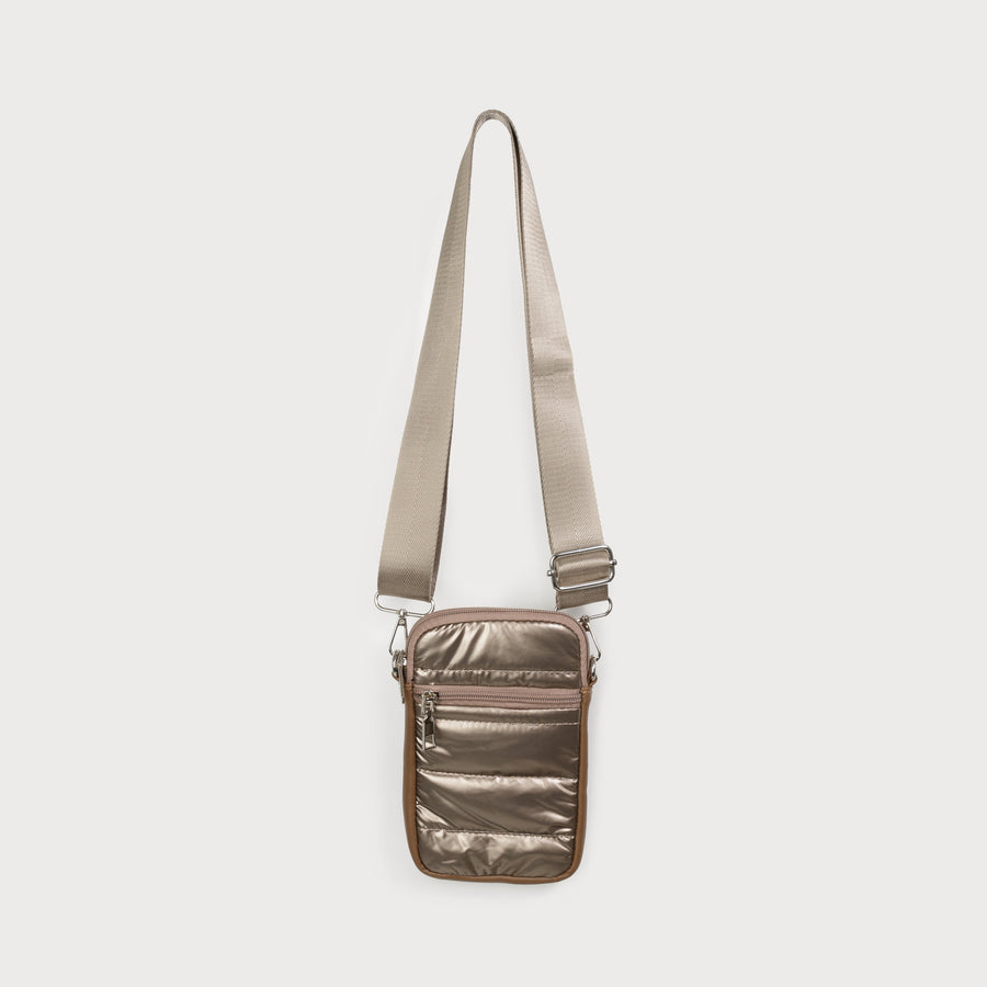 quilted cellphone bag with zipper closure. adjustable strap. imitation leather insert 7141-GLD