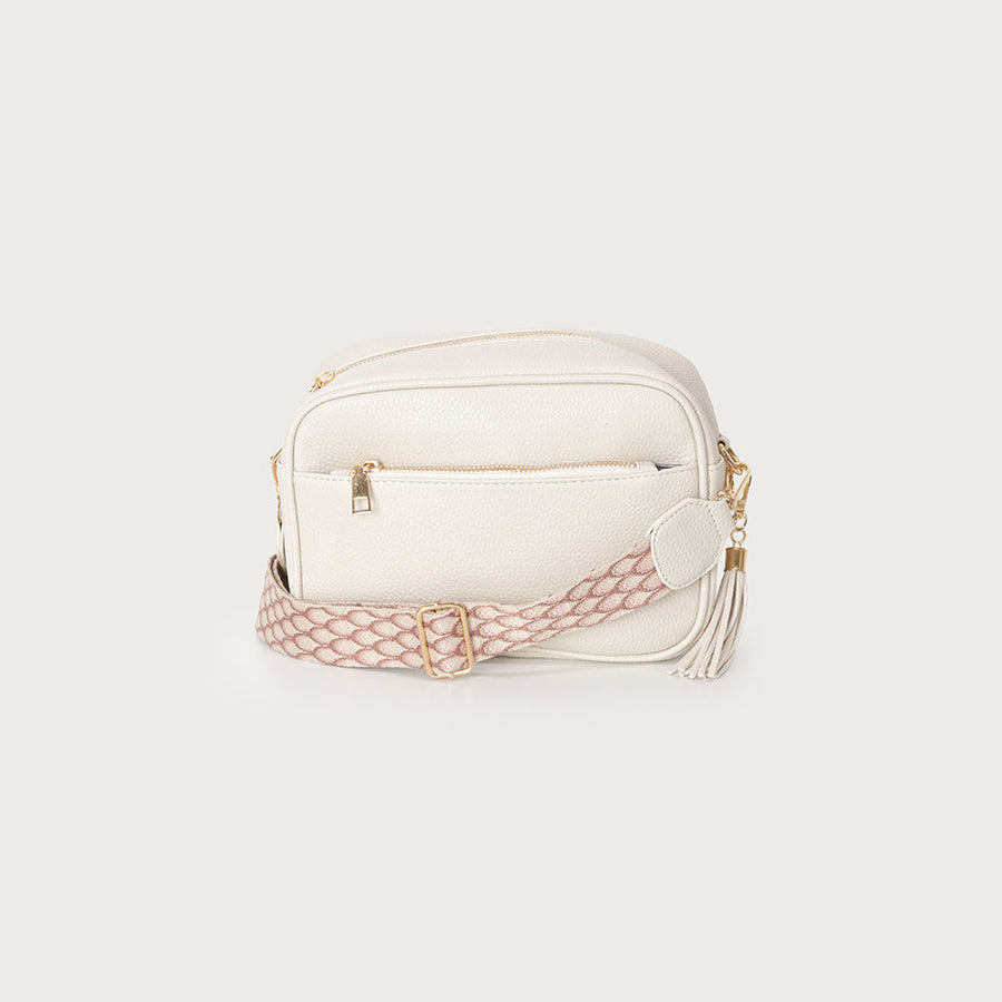 Small camera bag with 2 removable and adjustable straps with 2 zipper closure. Removable tassel 7151-BGE