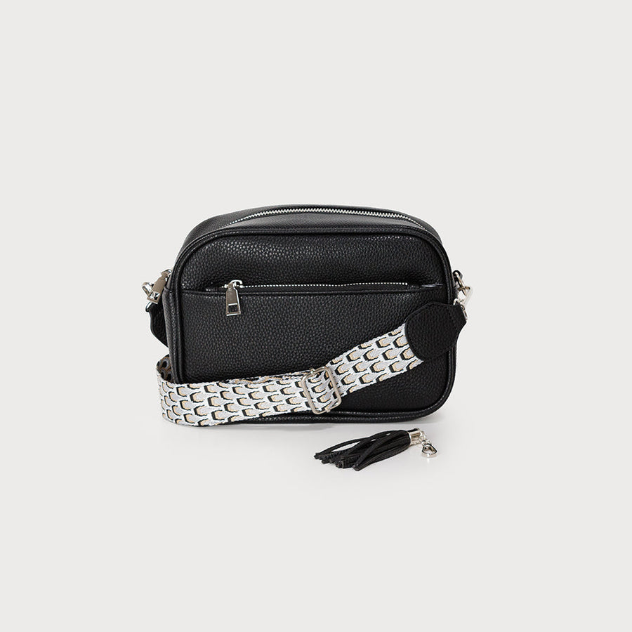 Small camera bag with 2 removable and adjustable straps with 2 zipper closure. Removable tassel 7151-BLK