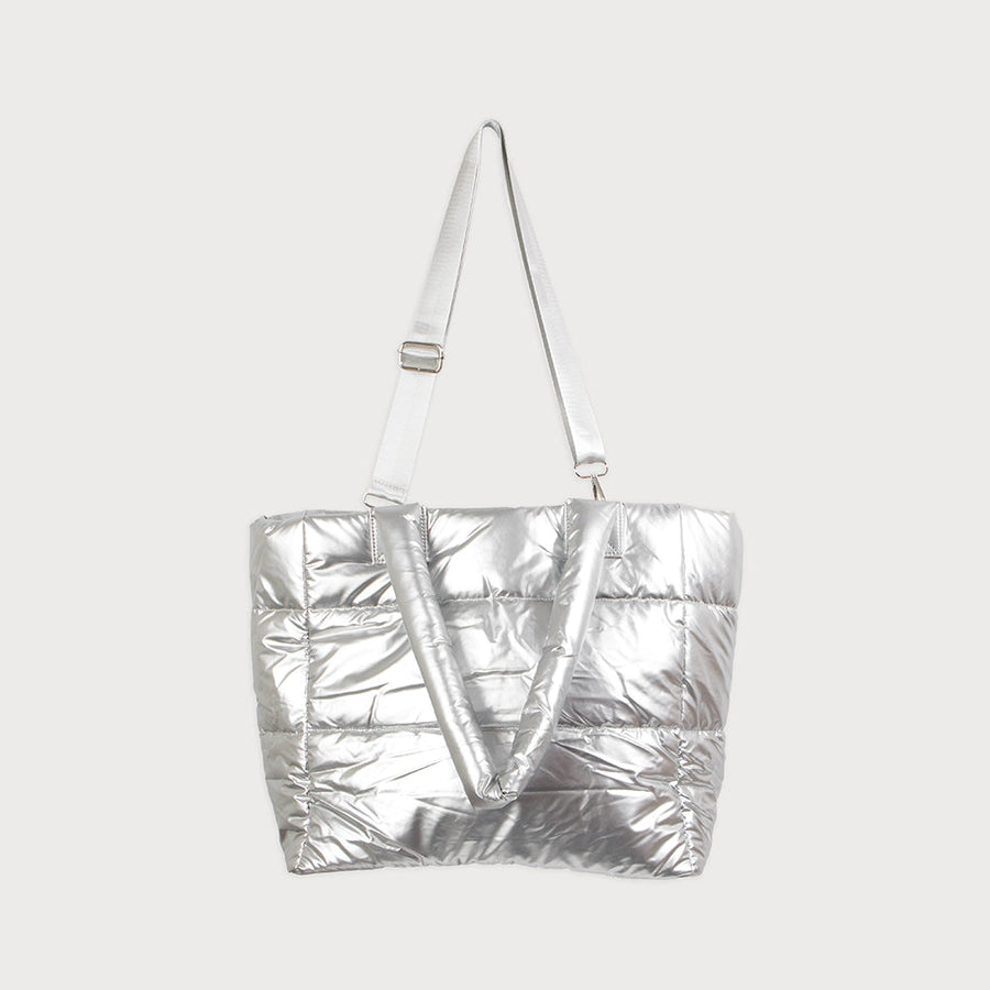 Quilted tote with zipper closure, shoulder straps and removable and adjustable imitation leather strap 7164-SLV