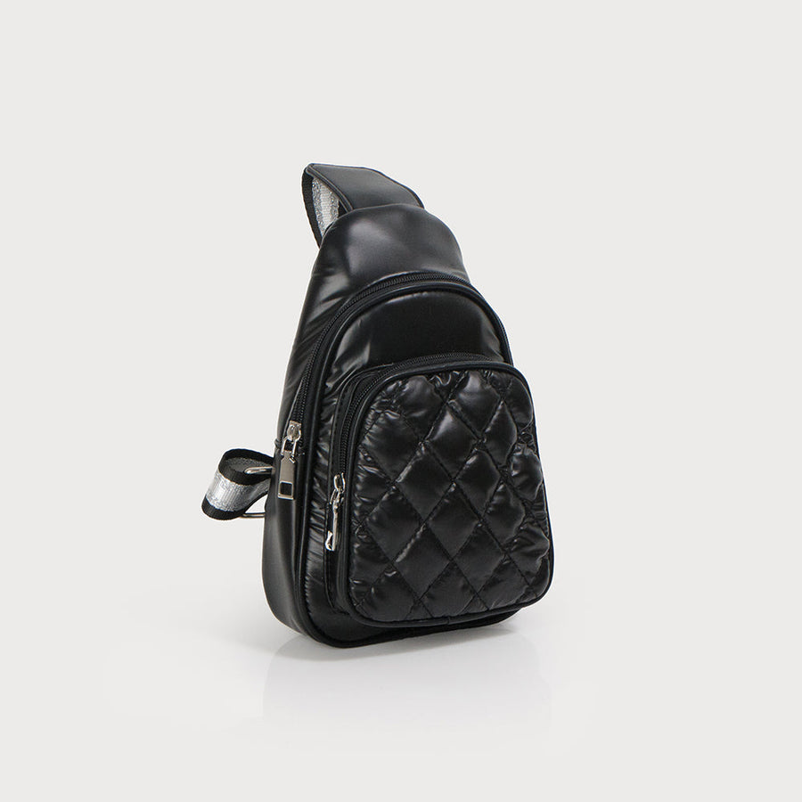 Quilted slingbag with shiny and adjustable guitar strap 7166-BLK