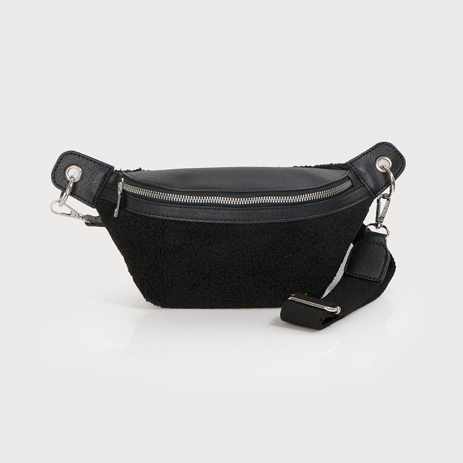 Sherpa and imitation leather banana bag with adjustable strap 7168-BLK