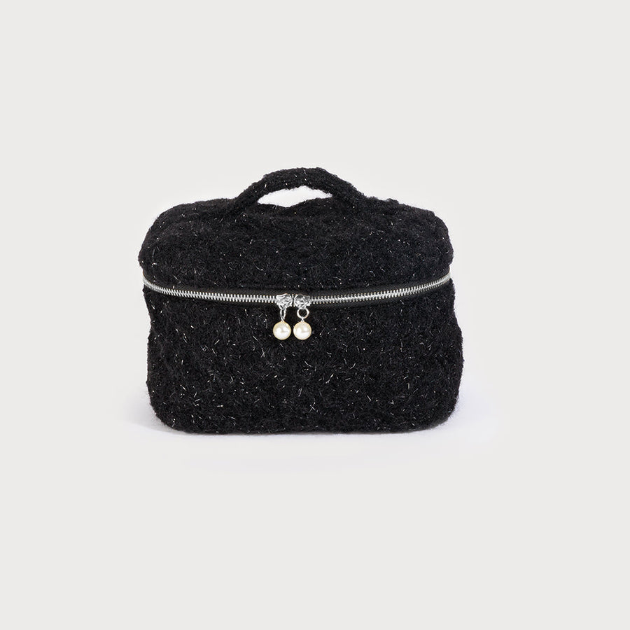 Large cosmetic bag with pearl zipper and grab handle 7177-BLK