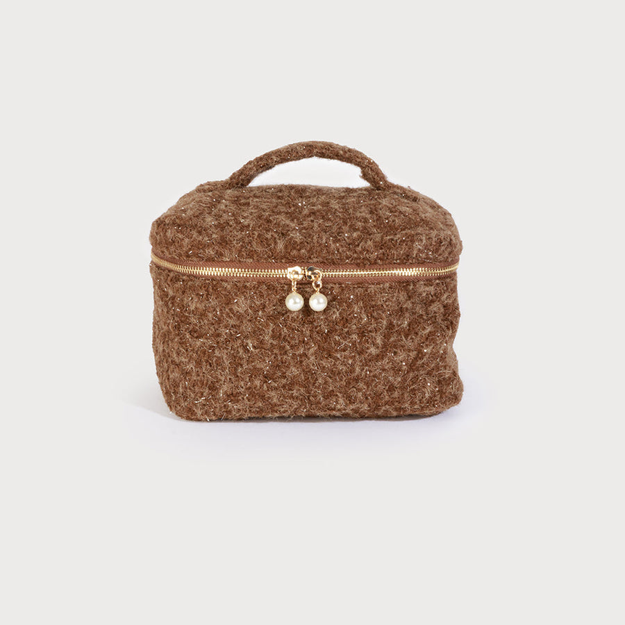 Large cosmetic bag with pearl zipper and grab handle 7177-BRN
