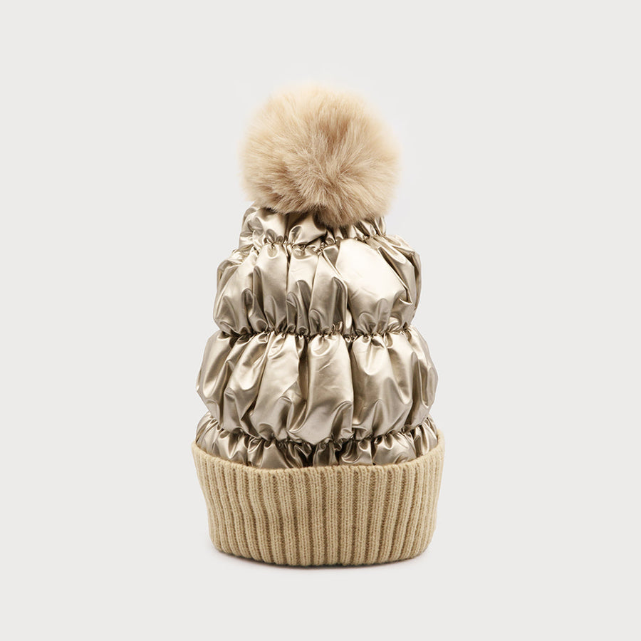 Quilted hat with faux fur pom 8006-GLD