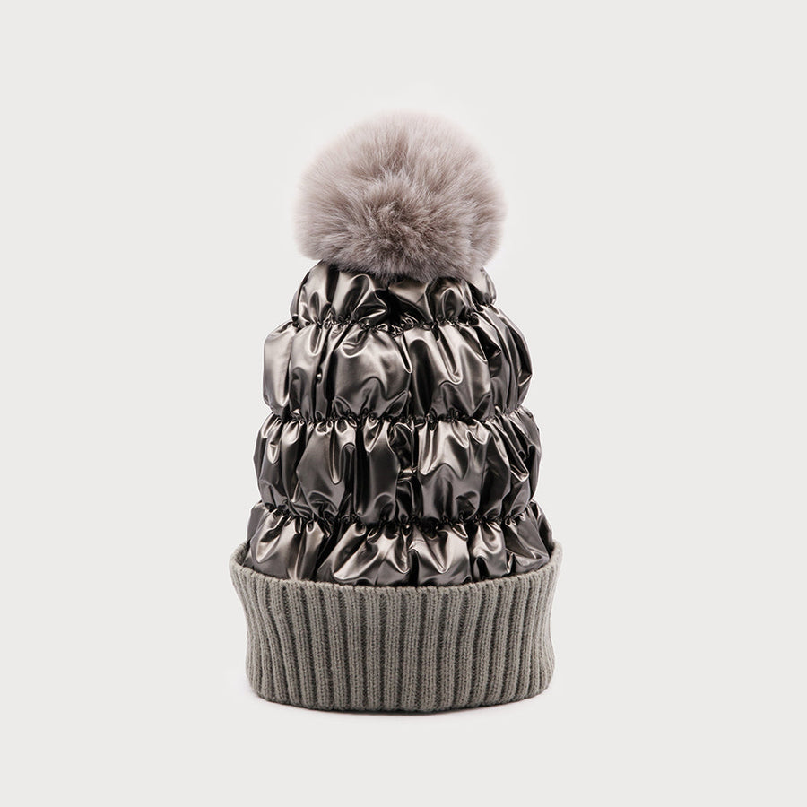 Quilted hat with faux fur pom 8006-GUN