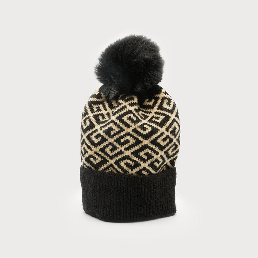 Warm hat with pom solid and printed 8008-TAN