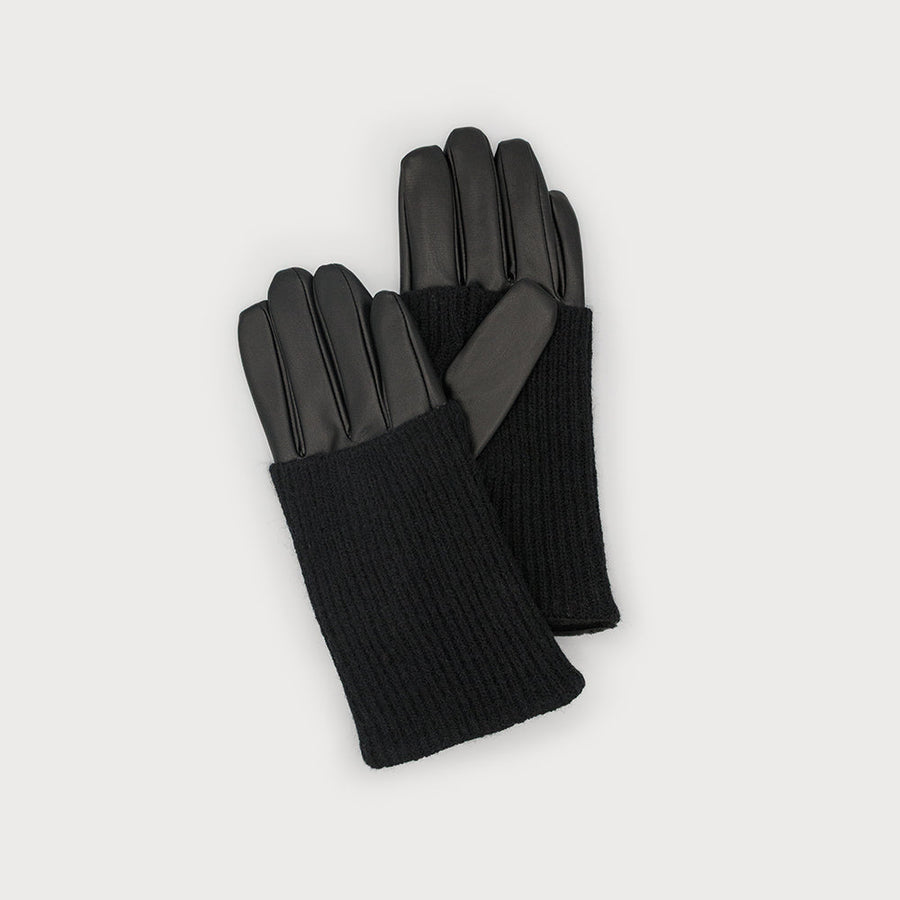 Ribbed wrist-warmer faux imitation leather gloves 9015-BLK