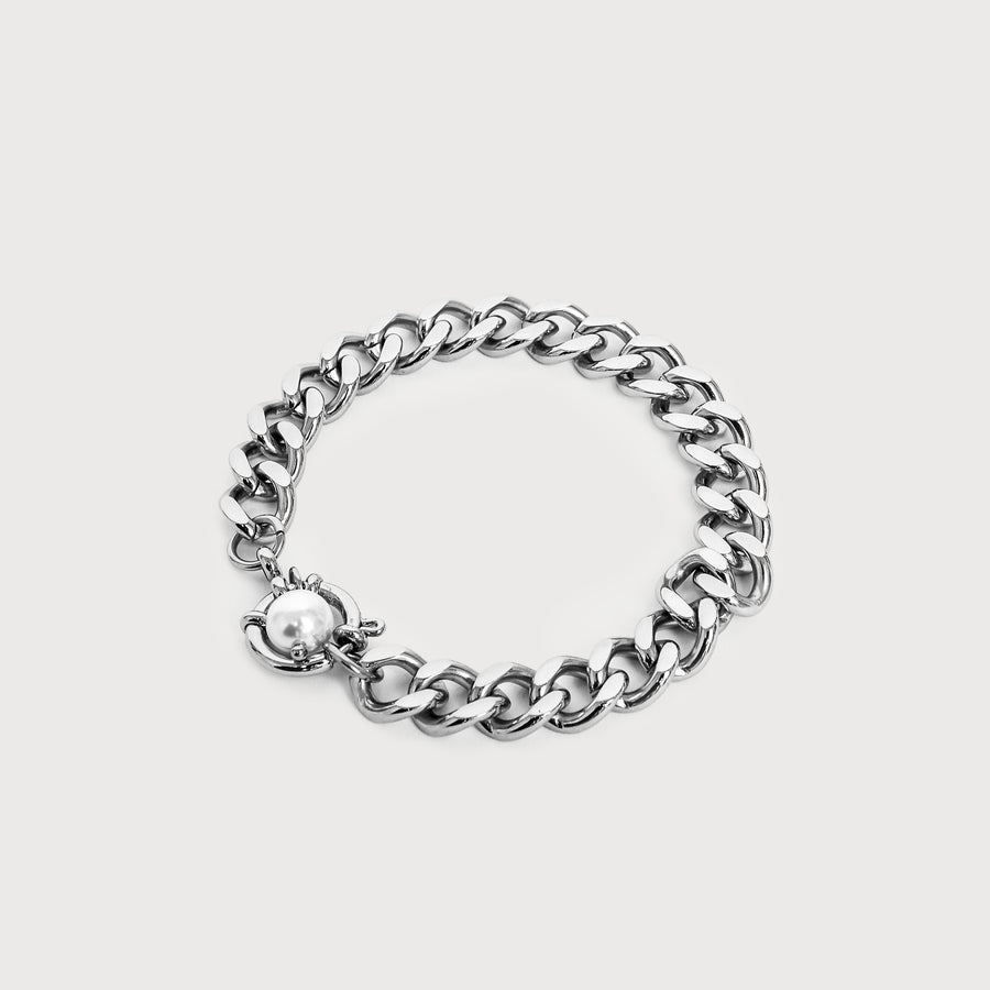 Large mesh stainless steel bracelet with pearl charm silver B003-S