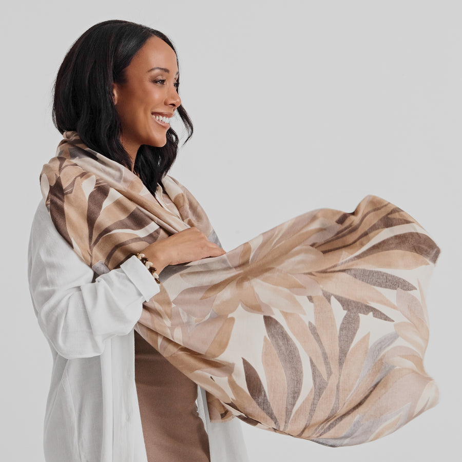 Lightweight abstract foliage print scarf 6219-TAN